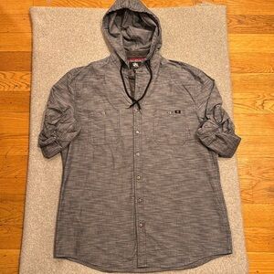 ROCK & REPUBLIC Men's Blue Denim Button Down Shirt Hoodie Roll Tab Sleeve